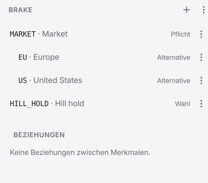 Der Merkmalbaum „Brake system“ mit dem Markt als Pflichtmerkmal und der Berganfahrhilfe zur Wahl.
