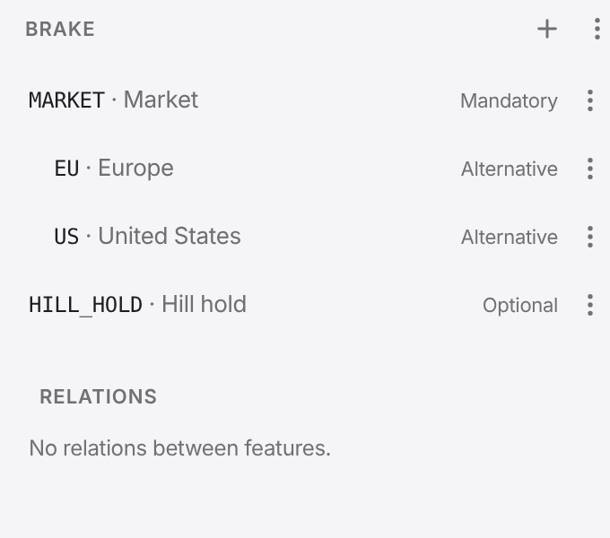 The feature tree “Brake system” with the market as a mandatory feature and hill hold as an option.
